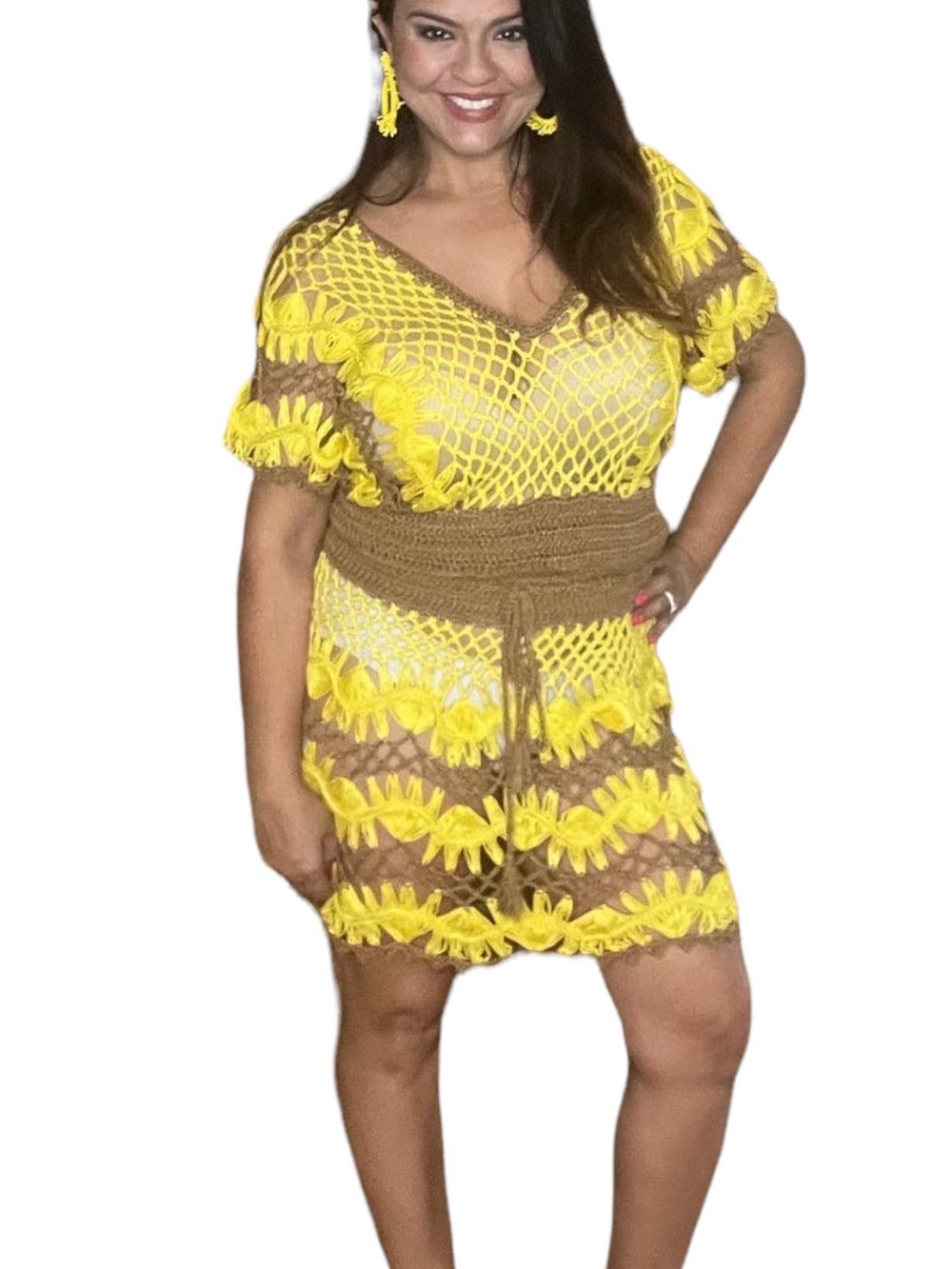 Yellow and Brown Crochet Swim Cover-Up Dress